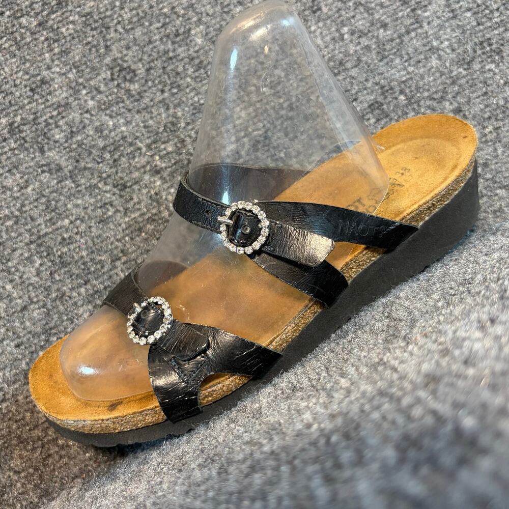 Naot Kayla Black Leather Sandals Womens Size 7 EU 38 Cork Wedge Comfort Shoes